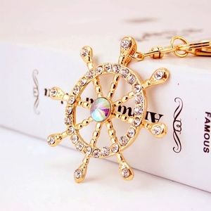 Gold Crystal Captains Boat Wheel Keychain Charm